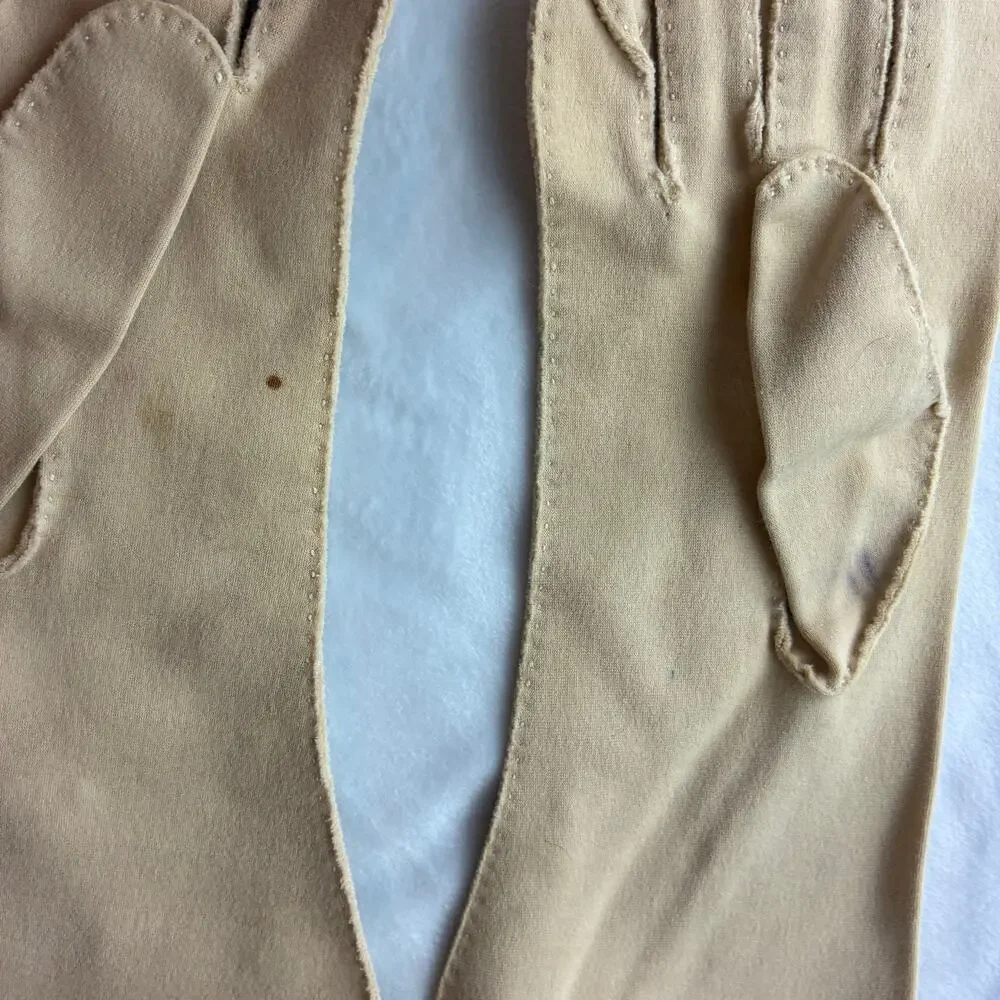 Dawnelle Vintage Ladies 6 Gloves 100% Double Woven Cotton Mid Length Fawn READ
